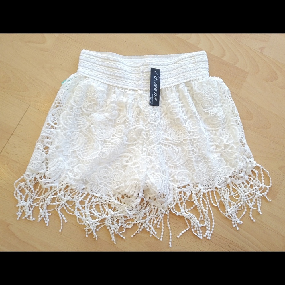 C-Mode White Embroidered Shorts with Tassels